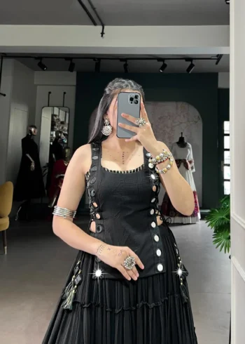 Black Colour Feather-Light Navratri Lehenga with Koti & Blouse close look