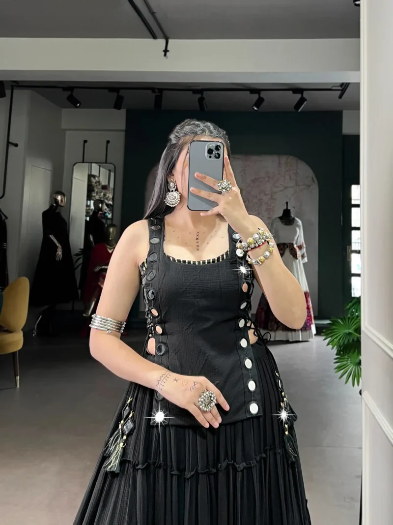 Black Colour Feather-Light Navratri Lehenga with Koti & Blouse close look