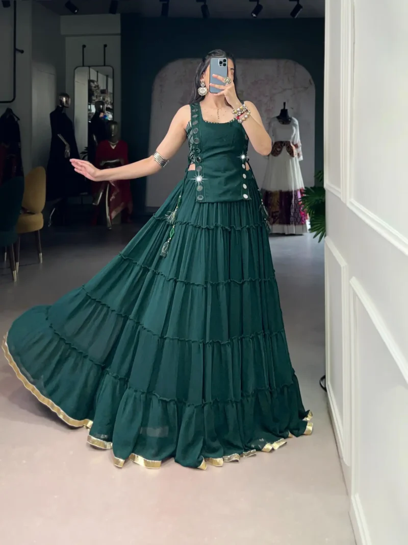 Green Colour Feather-Light Navratri Lehenga with Koti & Blouse full flair