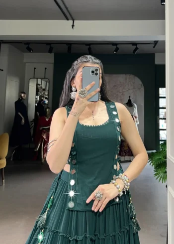 Green Colour Feather-Light Navratri Lehenga with Koti & Blouse close look