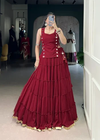 red Colour Feather-Light Navratri Lehenga with Koti & Blouse front look