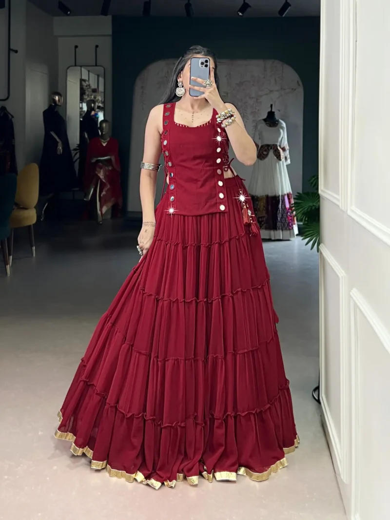 red Colour Feather-Light Navratri Lehenga with Koti & Blouse front look