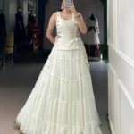 White Colour Feather-Light Navratri Lehenga with Koti & Blouse front