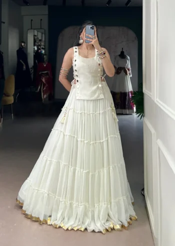 White Colour Feather-Light Navratri Lehenga with Koti & Blouse front