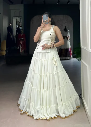 White Colour Feather-Light Navratri Lehenga with Koti & Blouse full