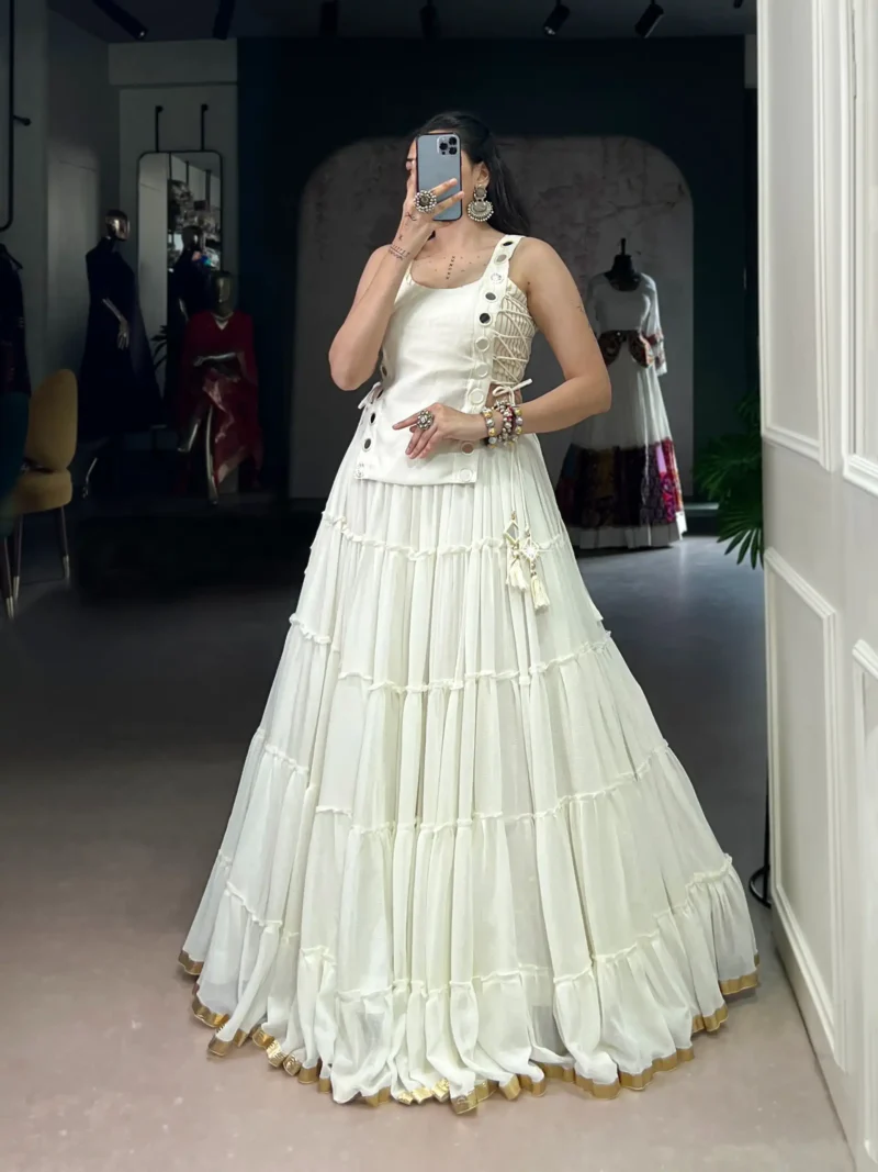 White Colour Feather-Light Navratri Lehenga with Koti & Blouse full