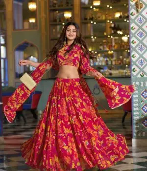 Girl wearing floral printed designer lehenga