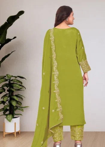 icky green Chinon Salwar Suit with Sequin Embroidery back