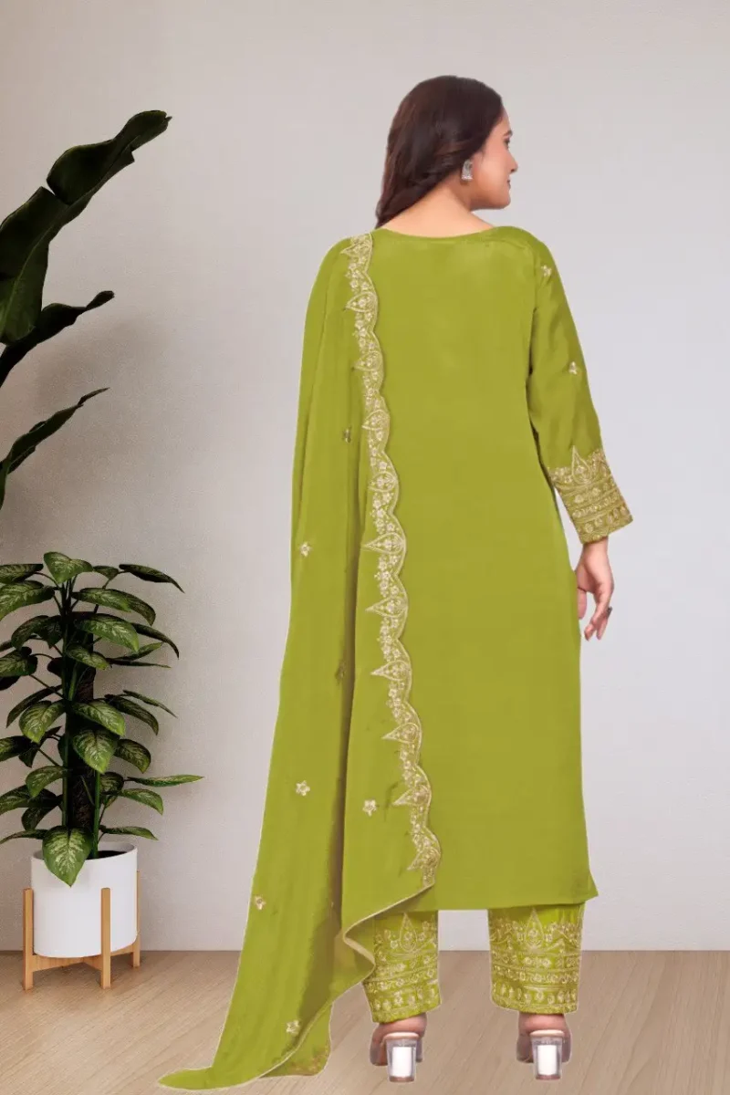 icky green Chinon Salwar Suit with Sequin Embroidery back
