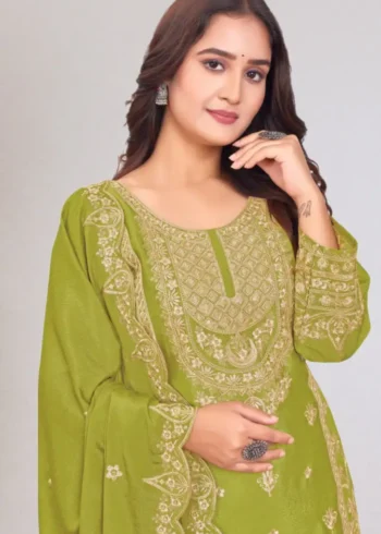 icky green Chinon Salwar Suit with Sequin Embroidery close look