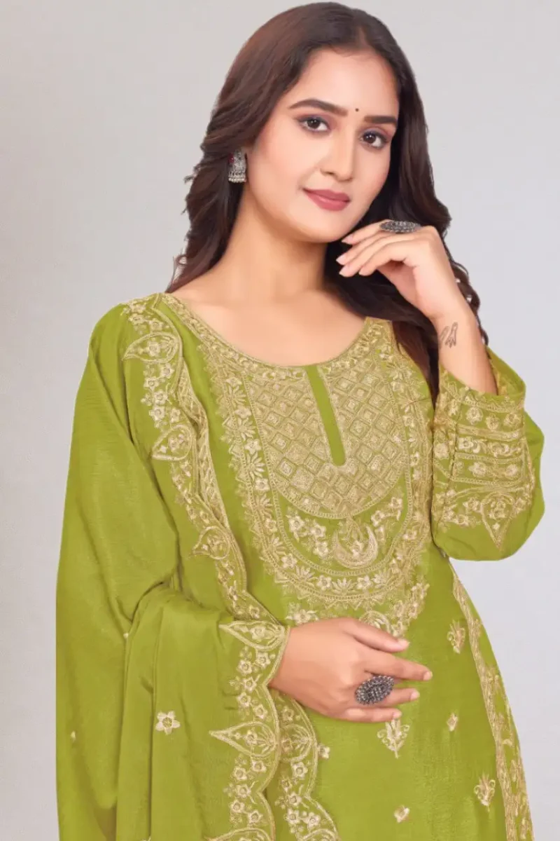 icky green Chinon Salwar Suit with Sequin Embroidery close look