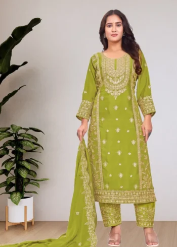 icky green Chinon Salwar Suit with Sequin Embroidery front look