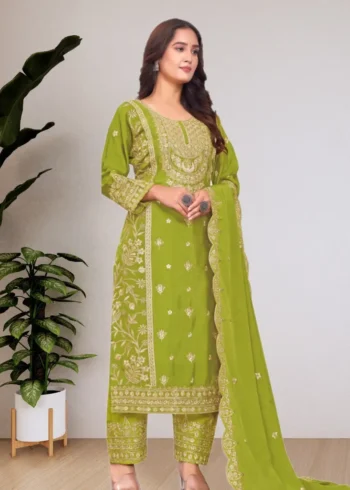 icky green Chinon Salwar Suit with Sequin Embroidery front