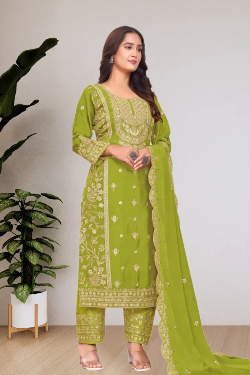 icky green Chinon Salwar Suit with Sequin Embroidery front