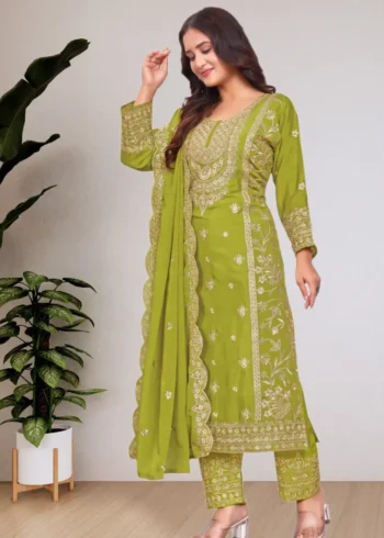 icky green Chinon Salwar Suit with Sequin Embroidery side look
