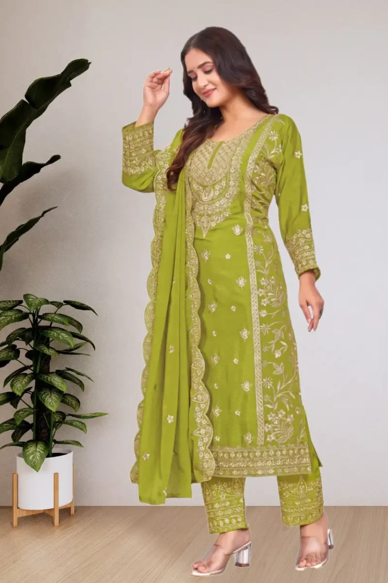 icky green Chinon Salwar Suit with Sequin Embroidery side look