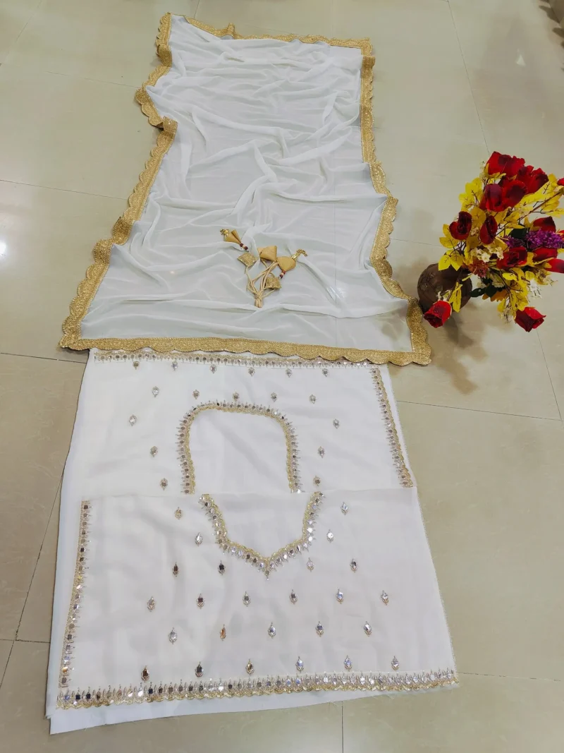 Ivory White Colour Georgette Bridesmaid Lehenga blouse work details