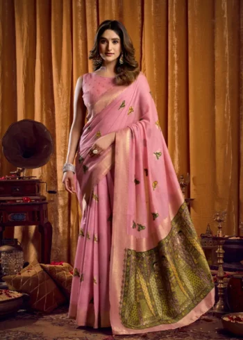 Baby Pink Colour Katha Work Modal Saree full front look