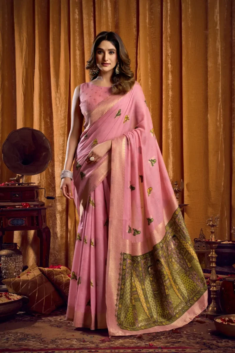 Baby Pink Colour Katha Work Modal Saree full front look