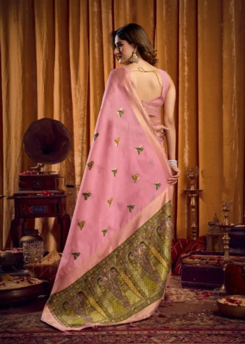 Baby Pink Colour Katha Work Modal Saree back side look