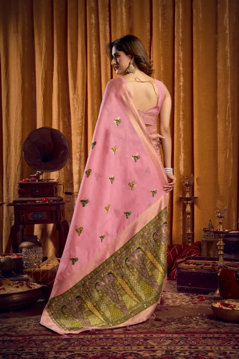 Baby Pink Colour Katha Work Modal Saree back side look