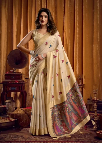 Cream Colour Katha Work Modal Saree front look