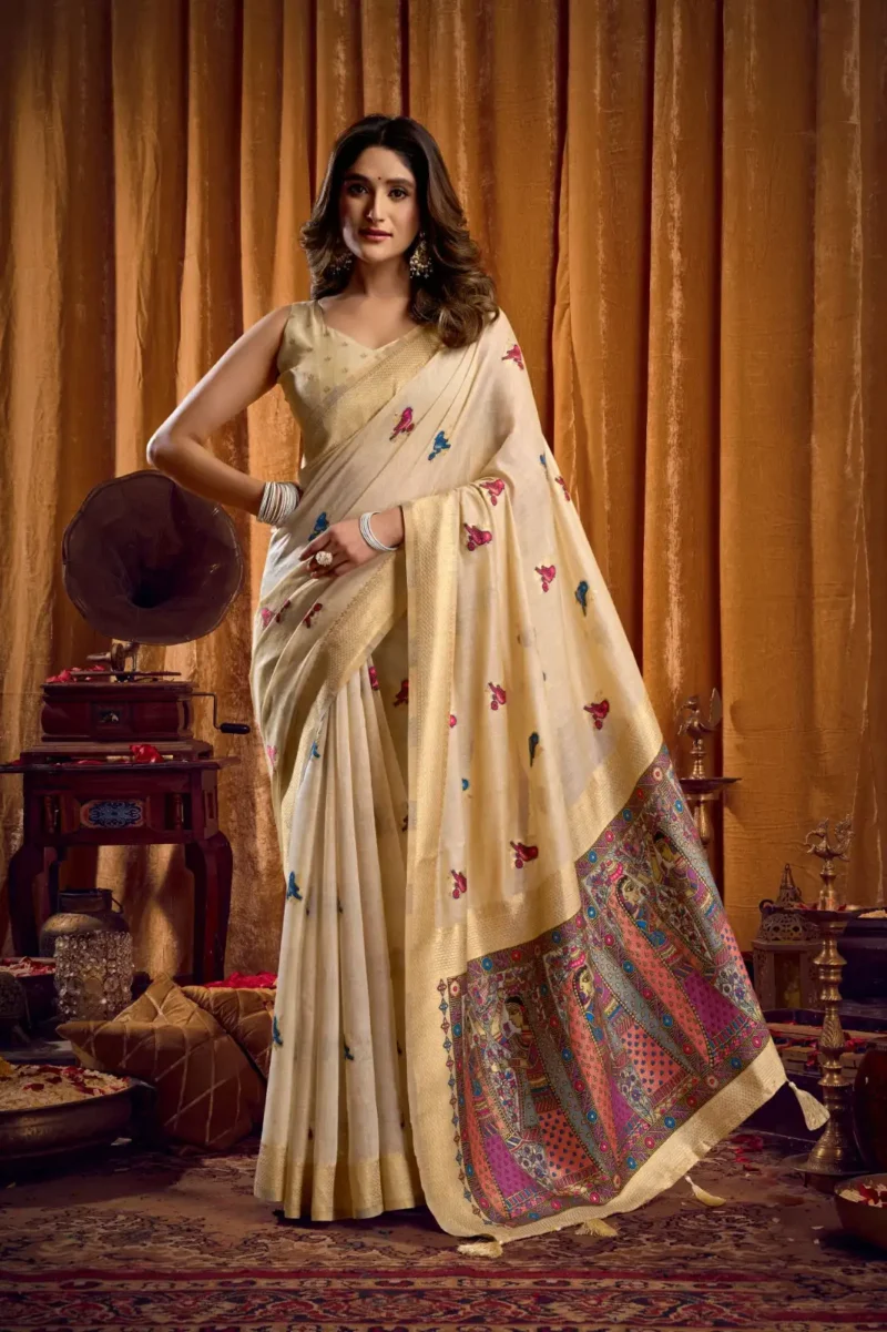 Cream Colour Katha Work Modal Saree front look