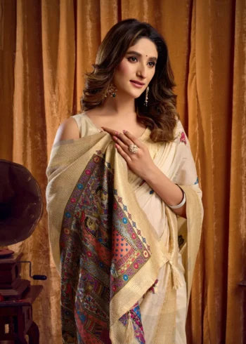 Cream Colour Katha Work Modal Saree close look
