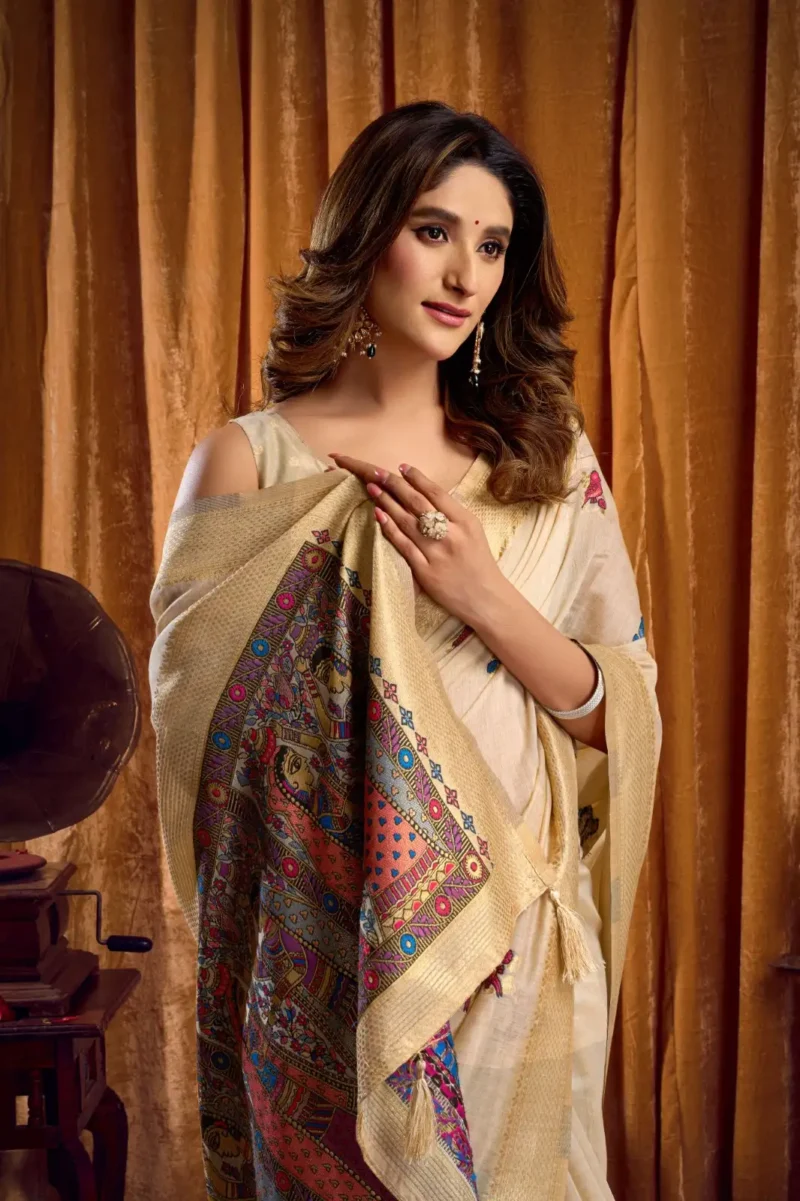 Cream Colour Katha Work Modal Saree close look