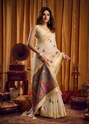 Cream Colour Katha Work Modal Saree pallu look