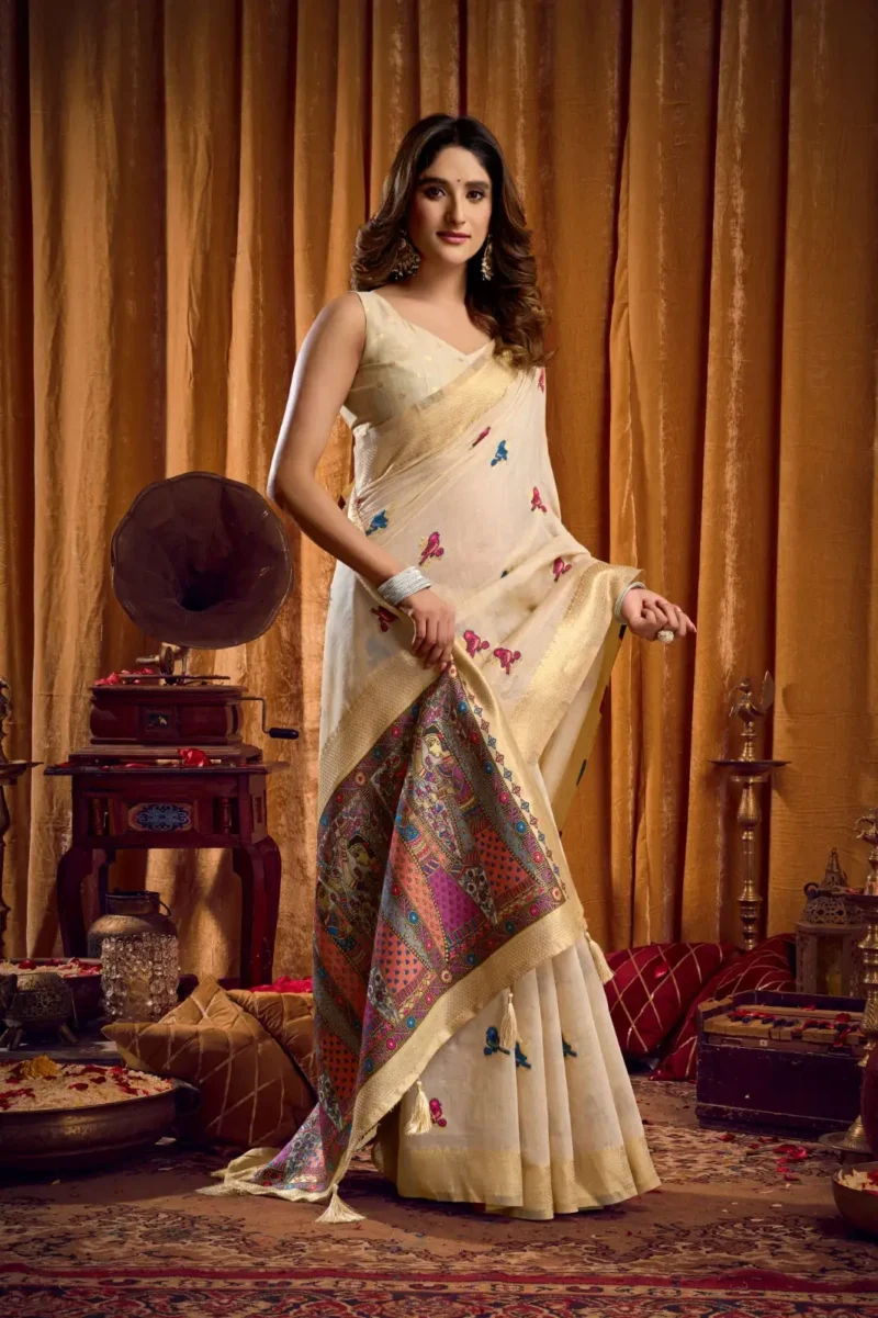 Cream Colour Katha Work Modal Saree pallu look