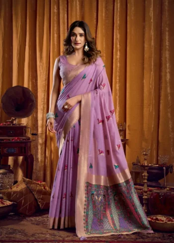 Lavender Colour Katha Work Modal Saree front look