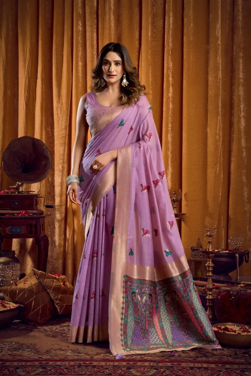 Lavender Colour Katha Work Modal Saree front look