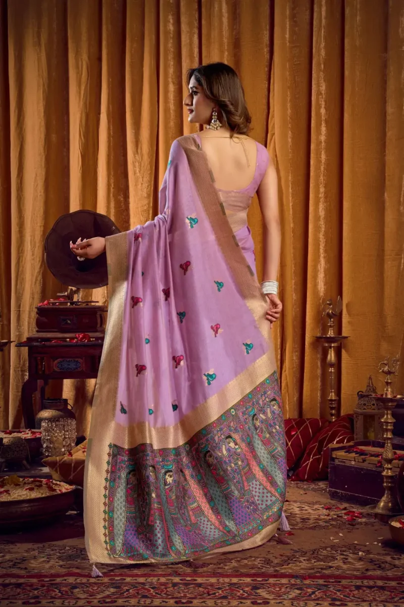 Lavender Colour Katha Work Modal Saree back side look