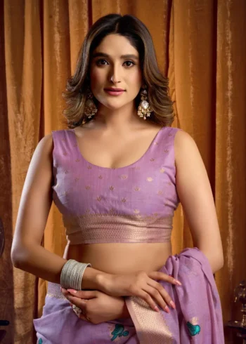 Lavender Colour Katha Work Modal Saree close blouse look