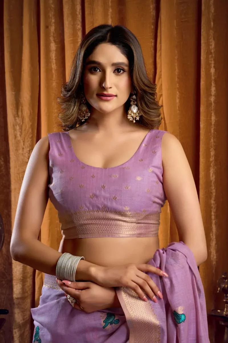 Lavender Colour Katha Work Modal Saree close blouse look