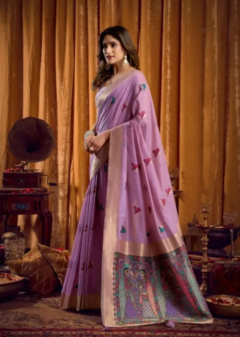 Lavender Colour Katha Work Modal Saree pallu look