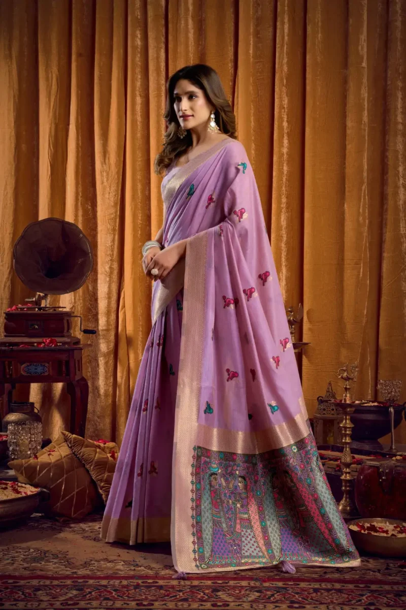 Lavender Colour Katha Work Modal Saree pallu look