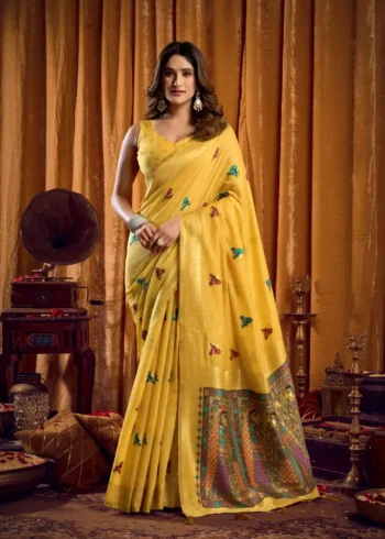 Mustard Colour Katha Work Modal Saree front look