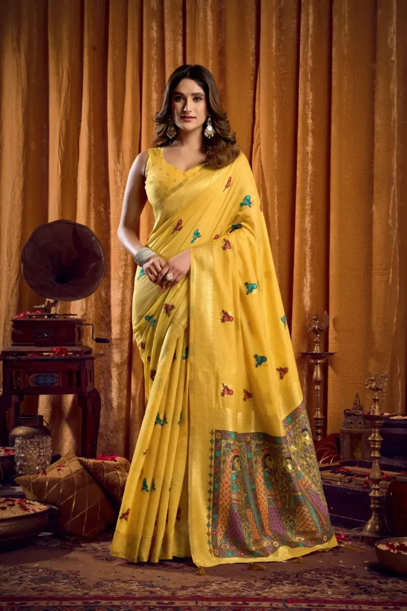 Mustard Colour Katha Work Modal Saree front look