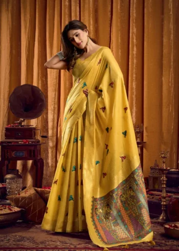 Mustard Colour Katha Work Modal Saree pallu look