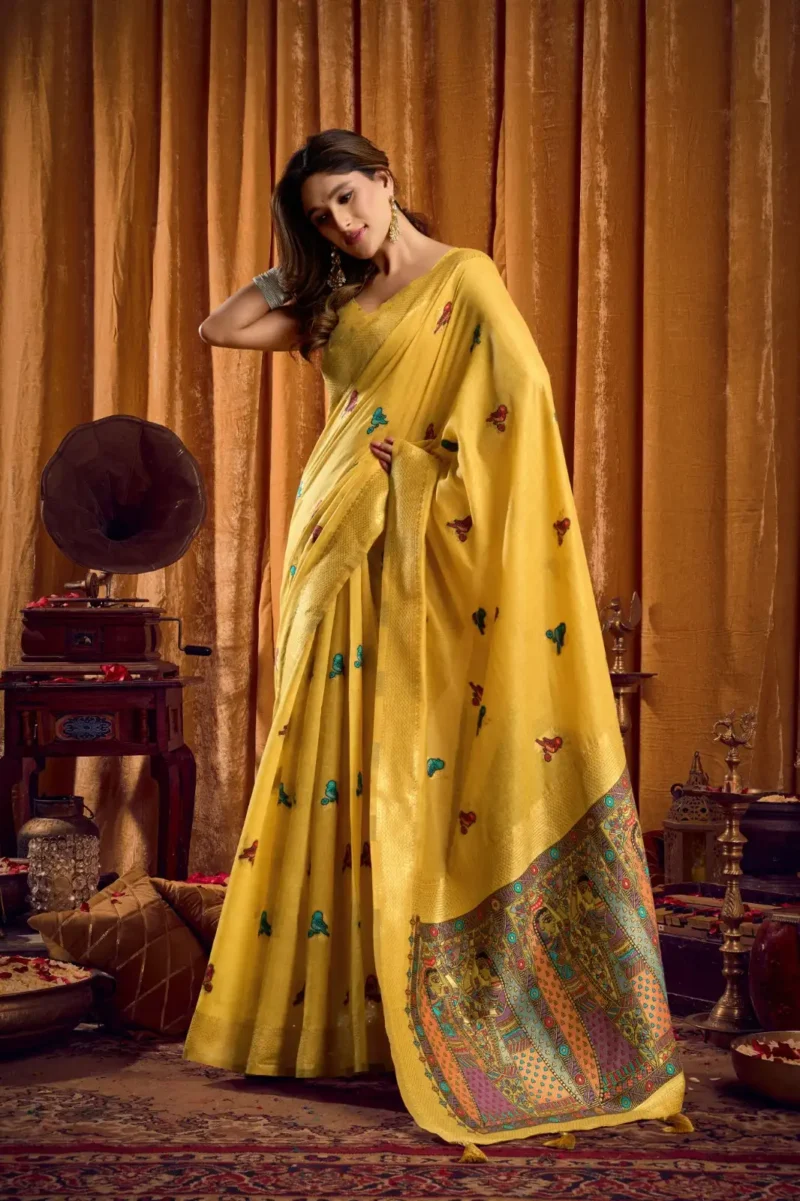 Mustard Colour Katha Work Modal Saree pallu look