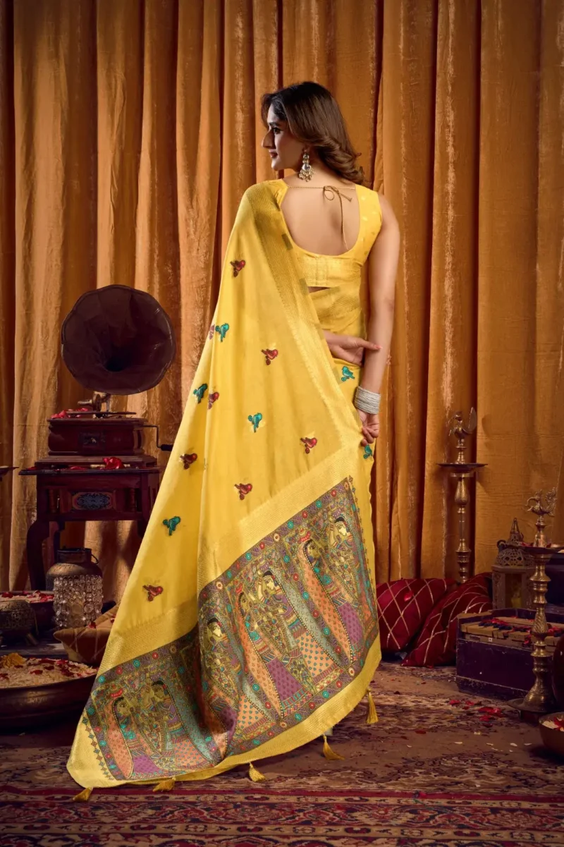 Mustard Colour Katha Work Modal Saree back side look