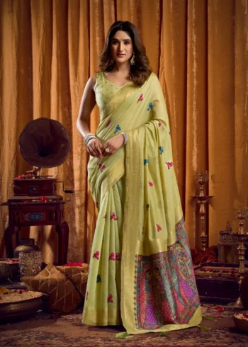 Pista Colour Katha Work Modal Saree front look