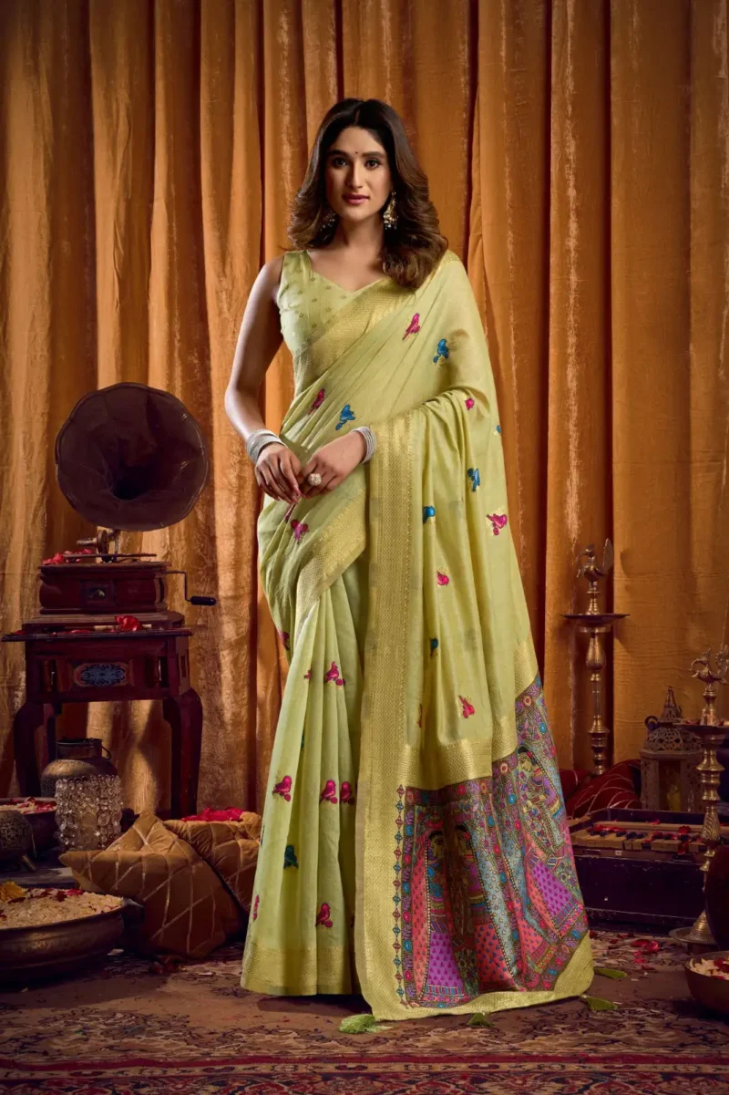 Pista Colour Katha Work Modal Saree front look