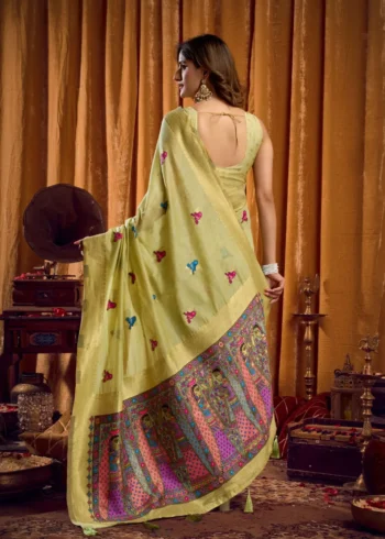 Pista Colour Katha Work Modal Saree back side view