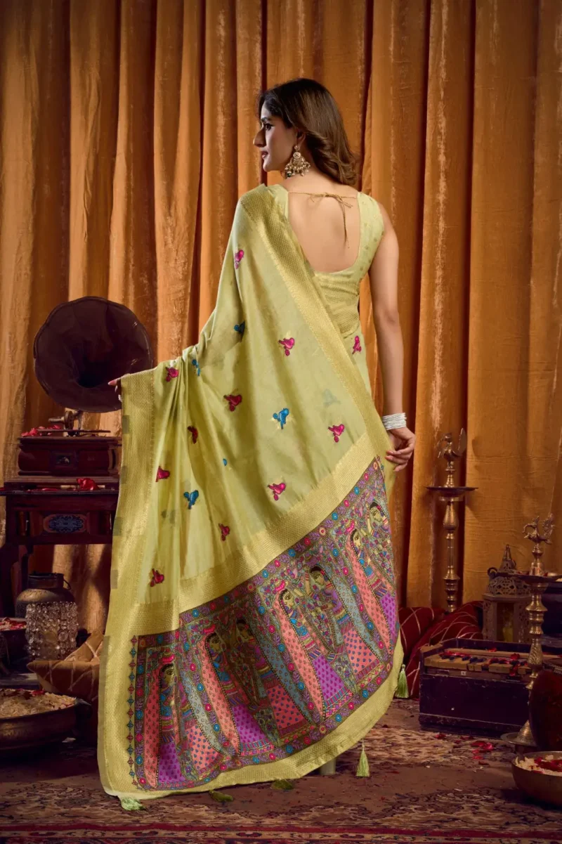 Pista Colour Katha Work Modal Saree back side view