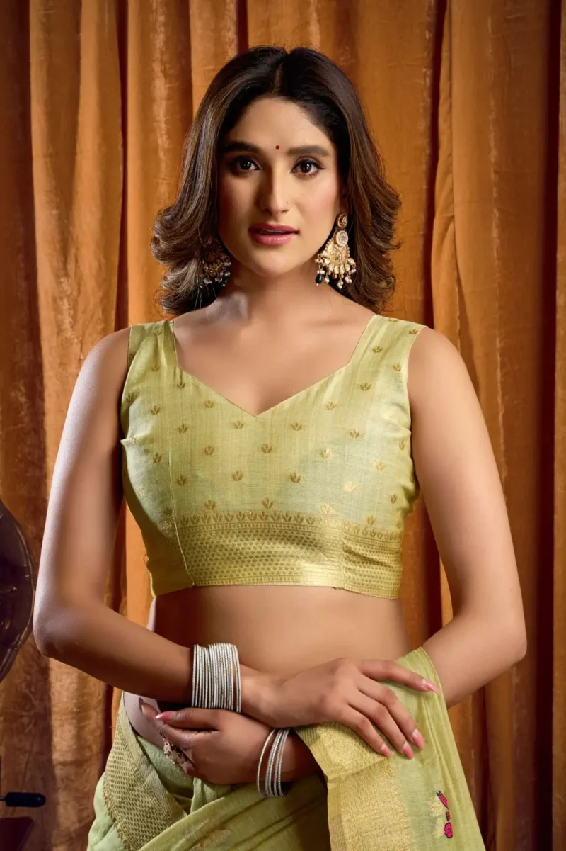 Pista Colour Katha Work Modal Saree close blouse look