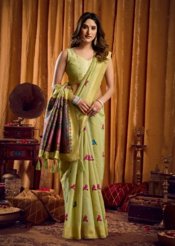 Pista Colour Katha Work Modal Saree front