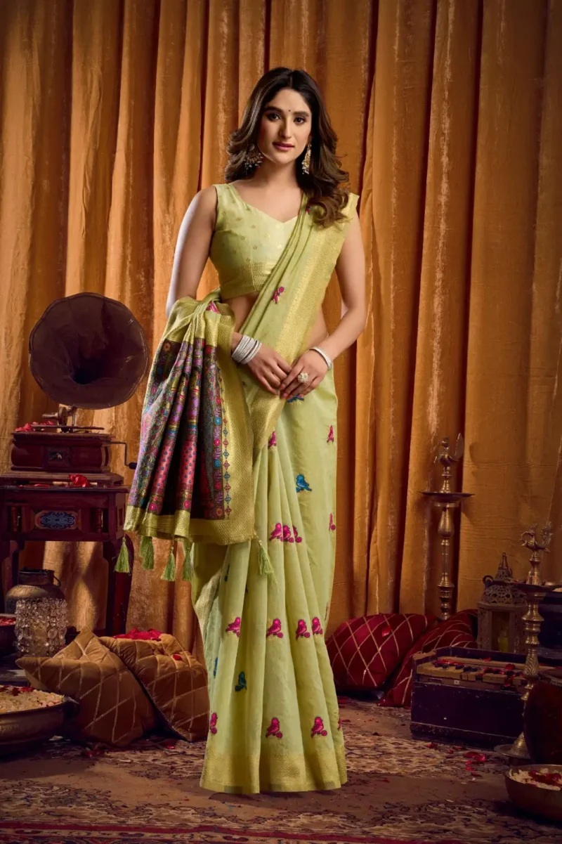 Pista Colour Katha Work Modal Saree front